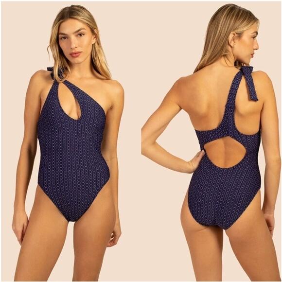 NWT Trina Turk Adeline Maillot One Shoulder Cutout‎ Swimsuit Navy Size 10 Resort - Picture 1 of 8